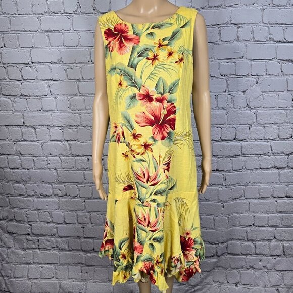 Hilo Hattie Yellow Floral Flanged Sleeveless Dress, Women's Medium - Picture 10 of 10